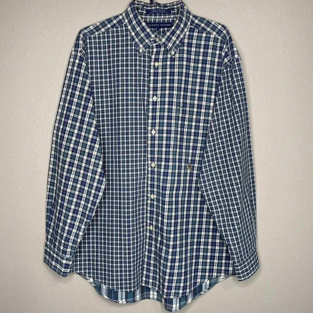 Vintage Tommy Hilfiger Men's Green Plaid Long Sleeve Button Down Shirt Sz L